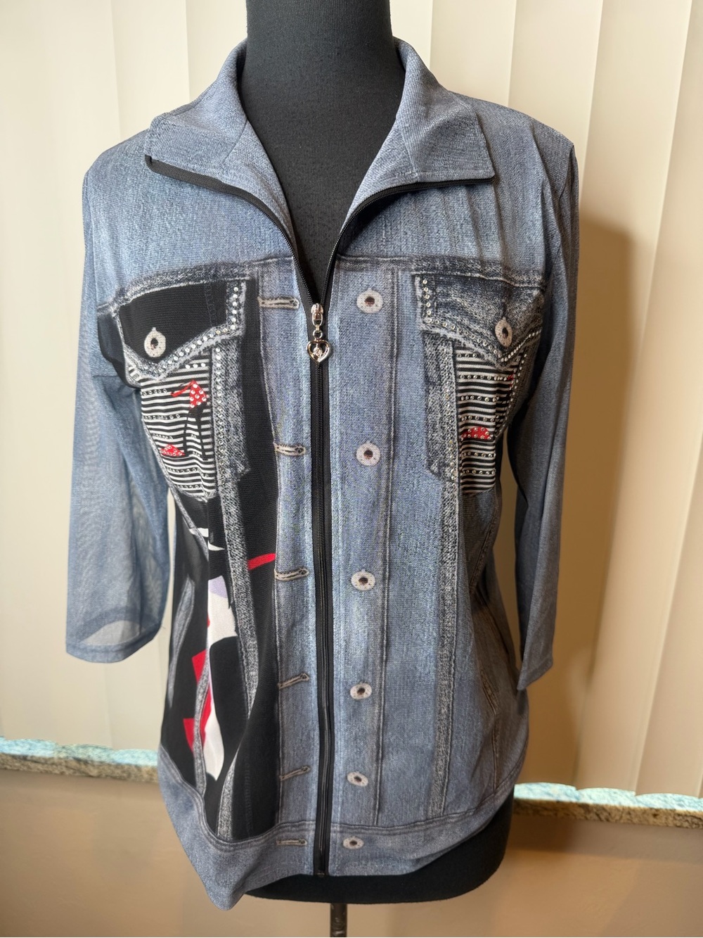 Valentina Signa BK Red Dynamic Lines mesh Sheer mock jacket rhinestones SZ Small